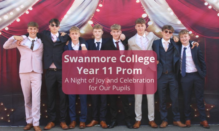 Image shows 8 pupils dressed in suits having arrived at the Year 11 Prom, standing in front of big top themed backdrop 
